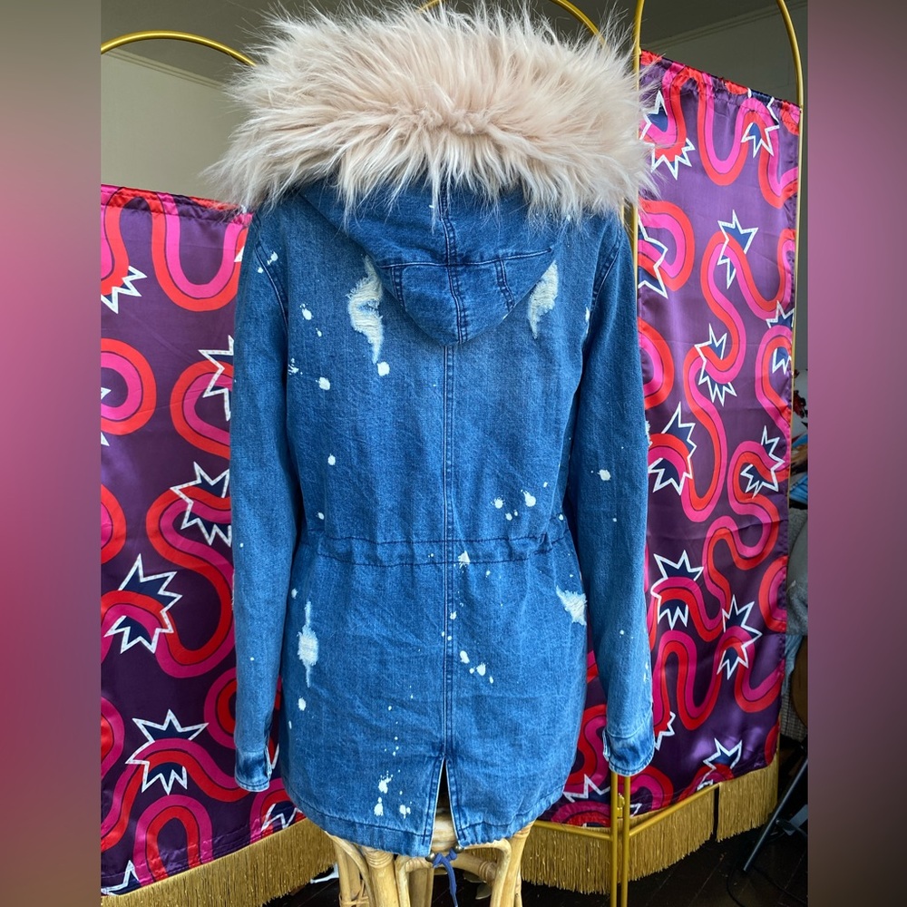 New Avec Les Filles Faux Fur Denim Distressed Coat Logo Patch Pink Lined Jacket